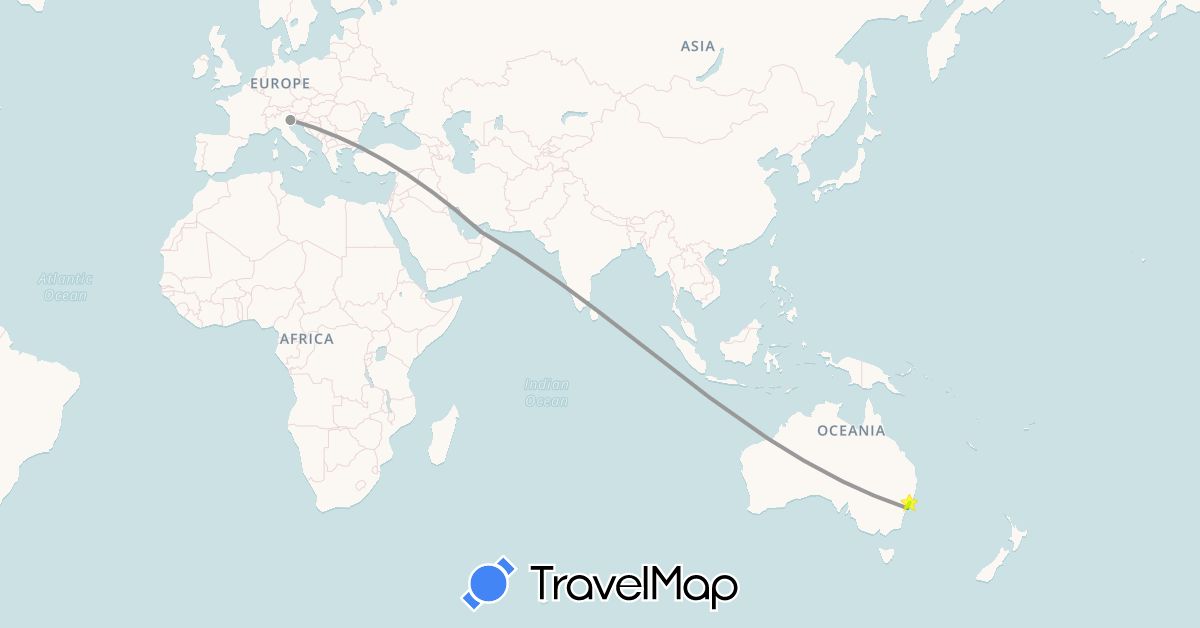 TravelMap itinerary: driving, bus, plane in United Arab Emirates, Australia, Italy (Asia, Europe, Oceania)